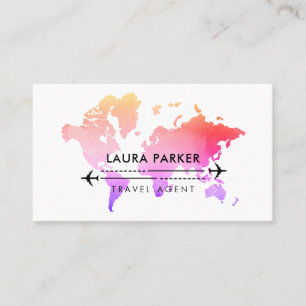 Tarjeta De Visita Pink Purple World Map Agente de viajes Vacaciones 