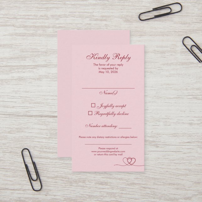 Tarjeta De Visita Pink Red Elegant Calligraphy Wedding RSVP Card (Anverso/Reverso In Situ)