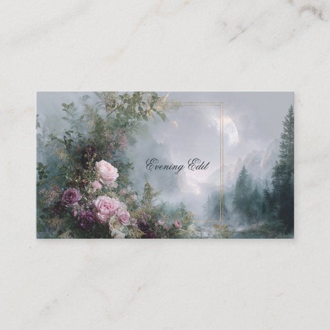 Tarjeta De Visita Pink Rose Floral and Celestial Misty Mountain (Anverso)