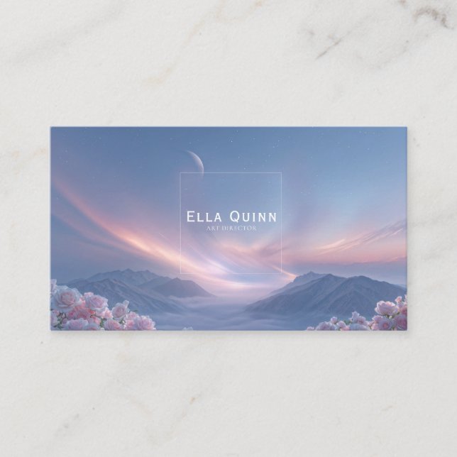 Tarjeta De Visita Pink Rose Floral and Celestial Twilight Mountain (Anverso)
