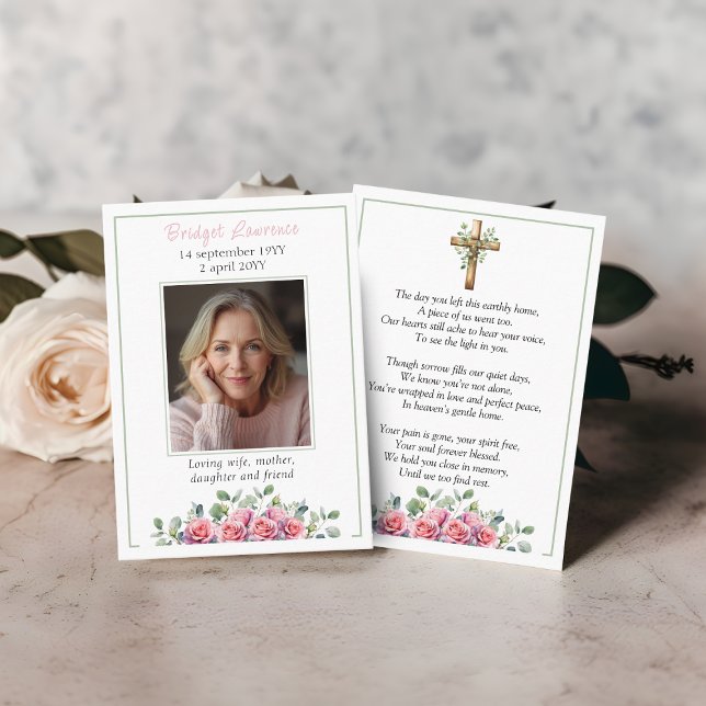 Tarjeta De Visita Pink Roses & Eucalyptus Memorial Photo Prayer Card (Subido por el creador)