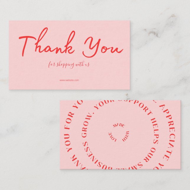 Tarjeta De Visita Pink Script Thank You Card Made With Love Business (Anverso / Reverso)