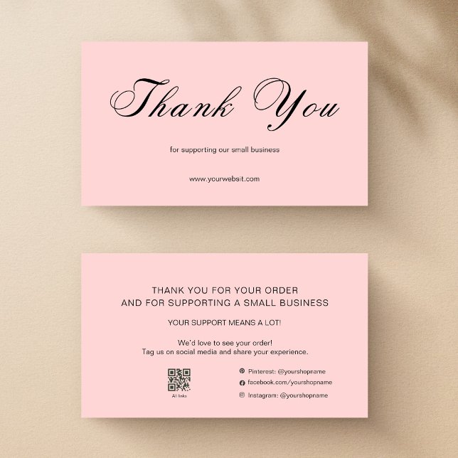 Tarjeta De Visita Pink Script Thank You Card QR Code Small Business (Subido por el creador)