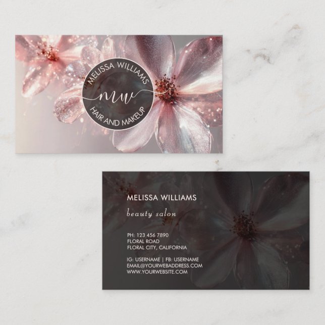 Tarjeta De Visita Pink Shiny Floral Logo Initials Business Card (Anverso / Reverso)