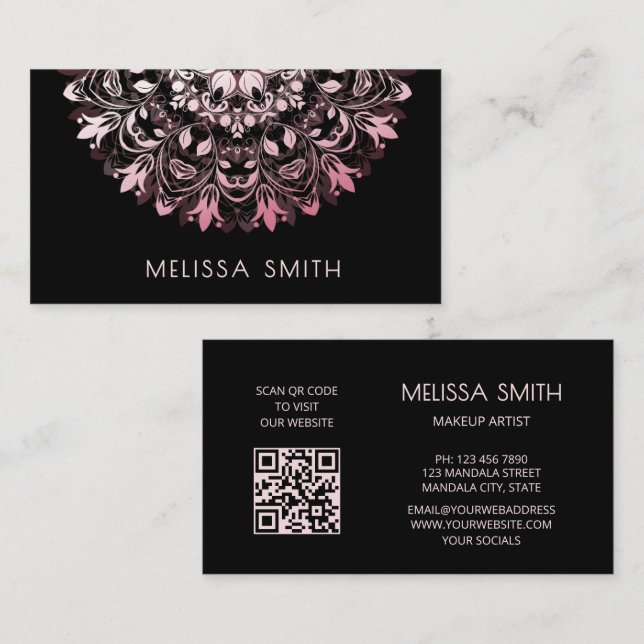 Tarjeta De Visita  Pink Shiny Metallic Black Mandala (Anverso / Reverso)