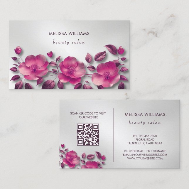 Tarjeta De Visita Pink Shiny Metallic Flower Silver (Anverso / Reverso)