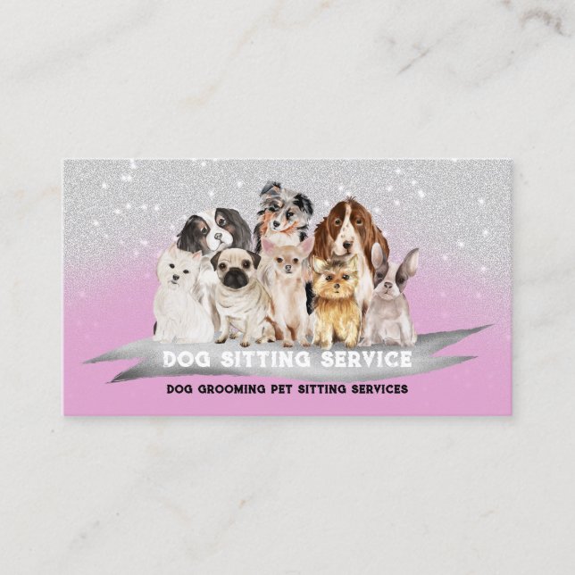Tarjeta De Visita Pink Silver Sparkle Petsitter Dog Walk (Anverso)