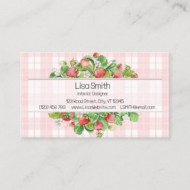 Tarjeta De Visita Pink Strawberry Gingham Business Card  (Anverso)