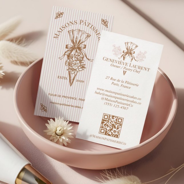 Tarjeta De Visita Pink Stripe Floral Baking Pastry Piping Bag Bakery (Pink Stripe Floral Baking Pastry Piping Bag Bakery Business Card)