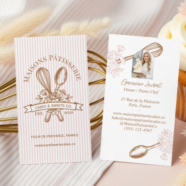 Tarjeta De Visita Pink Stripe Floral Whisk Spoon Pastry Bakery Chef (Pink Stripe Floral Whisk Spoon Pastry Bakery Chef Business Card)