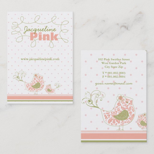 Tarjeta De Visita Pink Swift Whimsical Damask Mami And Baby Bird (Anverso / Reverso)