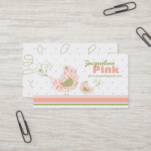 Tarjeta De Visita Pink Swift Whimsical Damask Mami And Baby Bird