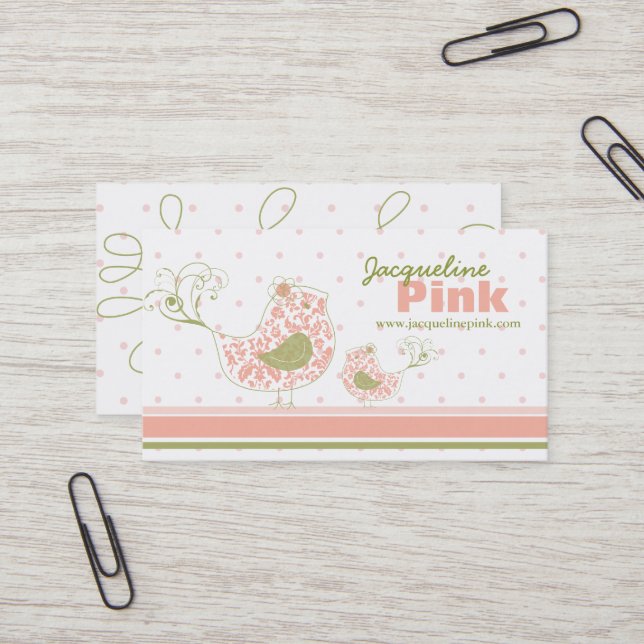 Tarjeta De Visita Pink Swift Whimsical Damask Mami And Baby Bird (Anverso/Reverso In Situ)