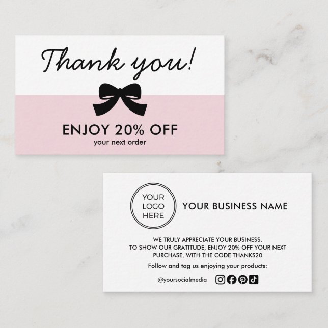 Tarjeta De Visita Pink Thank You Logo Business Discount Card (Anverso / Reverso)