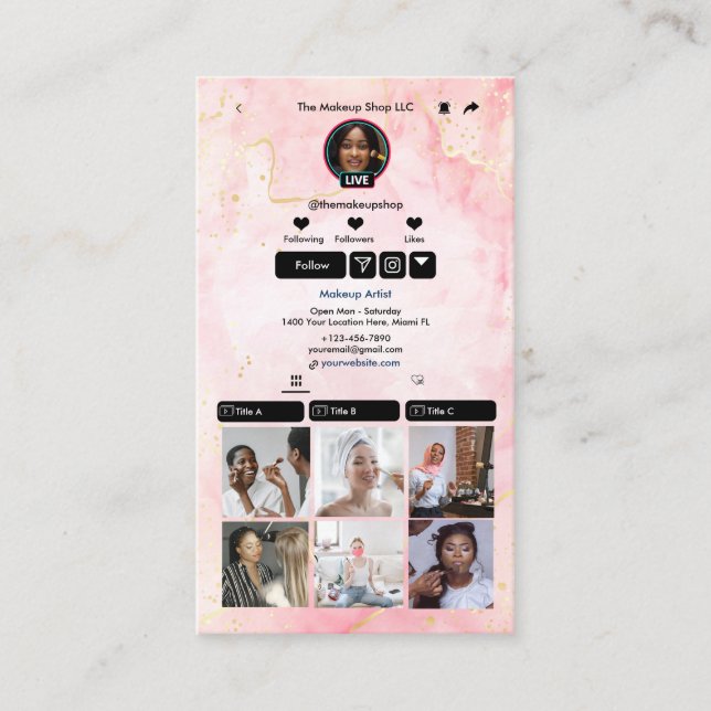 Tarjeta De Visita Pink TikTok Marble Código QR Medios sociales (Anverso)