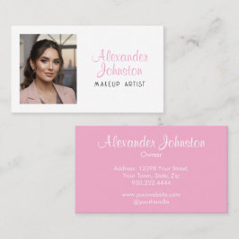 Tarjeta De Visita Pink White & Black Script Makeup Photo Personalize