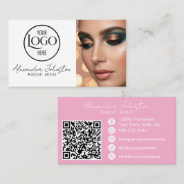 Tarjeta De Visita Pink White & Black Script Makeup Photo Personalize