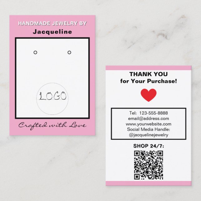 Tarjeta De Visita Pink White Logo Jewelry Earrings QR Code (Anverso / Reverso)