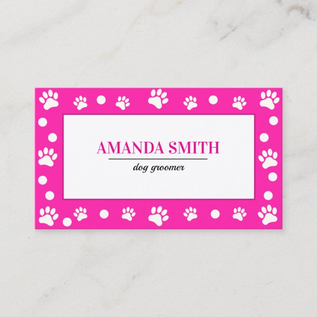 Tarjeta De Visita Pink & White Polka Dots Paw Prints Business Card (Anverso)