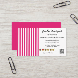 Tarjeta De Visita Pink White Stripes, QR Code & Social Media Icon
