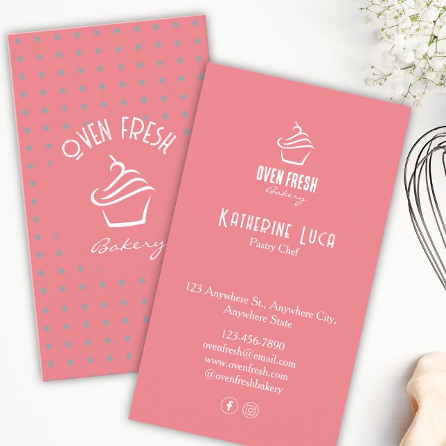 Tarjeta De Visita Pink White Text Dots Cupcake Bakery (Subido por el creador)