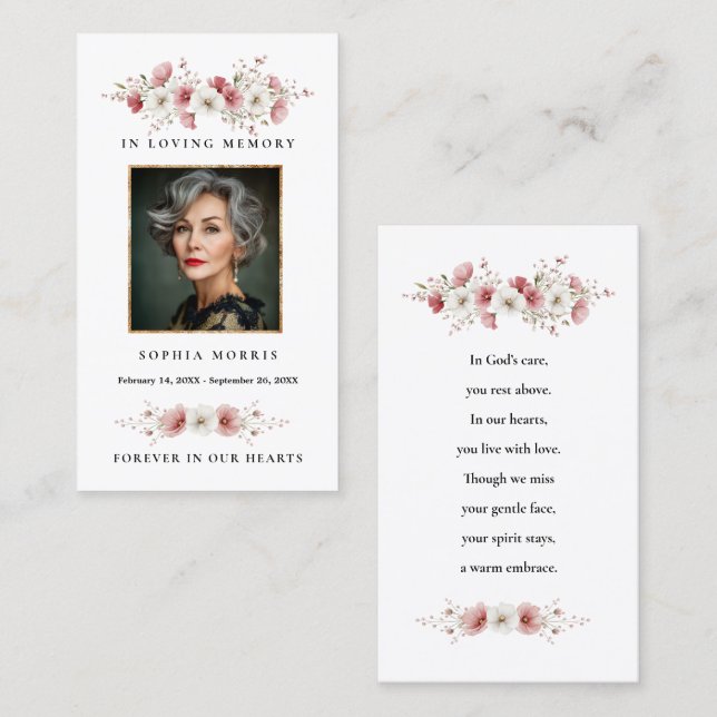 Tarjeta De Visita Pink Wild Flowers Funeral Prayer Card (Anverso / Reverso)