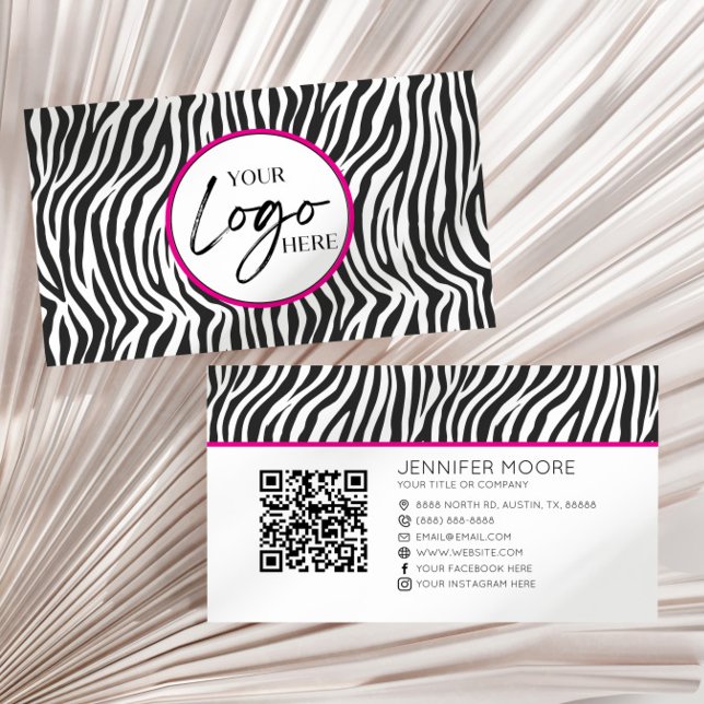 Tarjeta De Visita Pink Zebra Print Custom Company Logo QR Code (Subido por el creador)