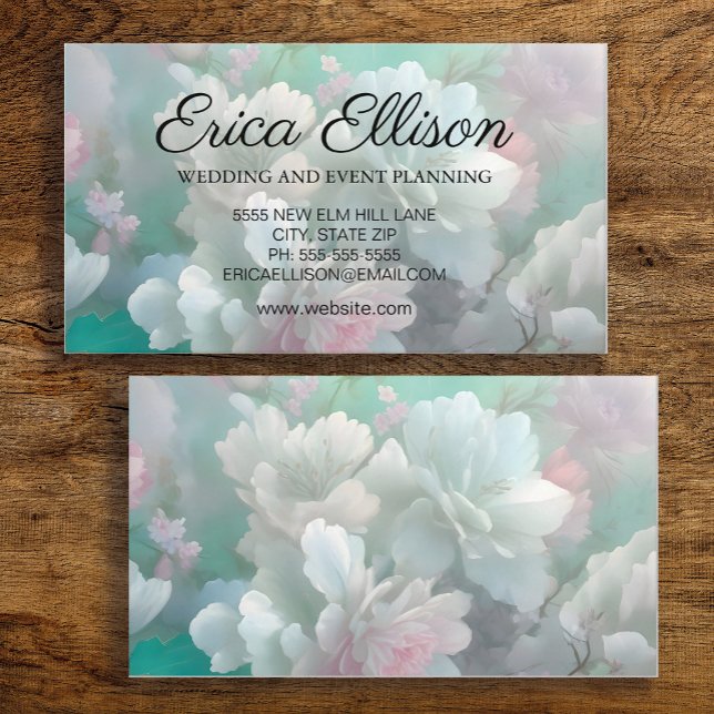 Tarjeta De Visita Pintada Mint Blanco Pink Floral Feminina (Mint, pink, white watercolor floral business card for her)