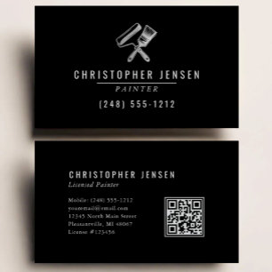 Tarjeta De Visita Pintor Código QR Negocio de Pintura Negro Plateado