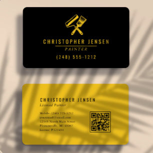 Tarjeta De Visita Pintor Código QR Negrita Negro Amarillo Redondeado