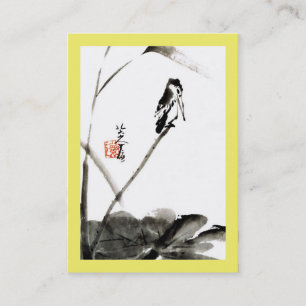 Tarjeta De Visita pintura china al acuarela, pájaro y hojas de loto