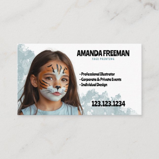Tarjeta De Visita Pintura de cara de artista estilizado azul y blanc (Anverso)