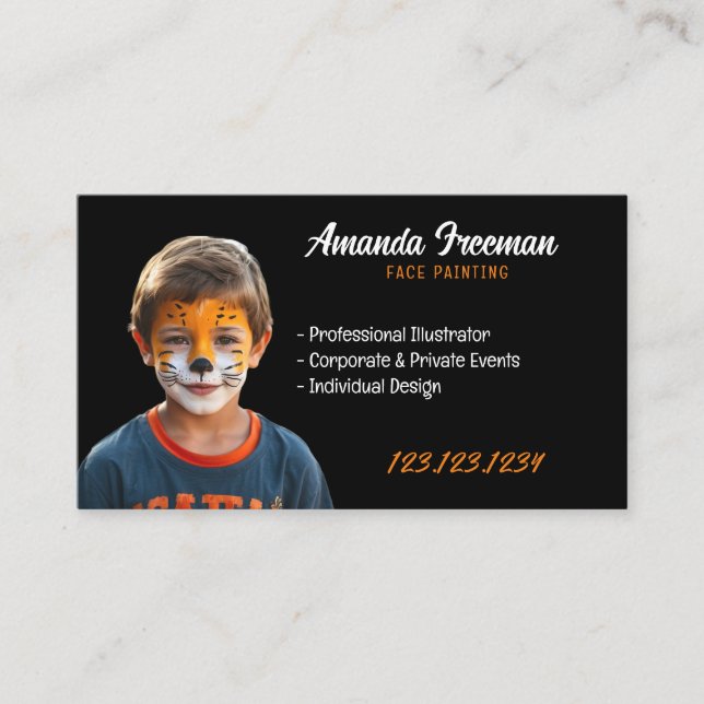 Tarjeta De Visita Pintura de cara de payaso negro y Naranja moderno (Anverso)