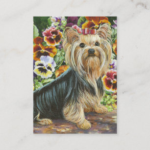 Tarjeta De Visita Pintura de Yorkshire Terrier y Pansies