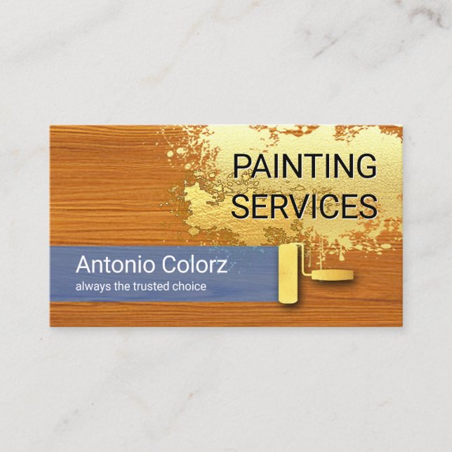 Tarjeta De Visita Pintura Dorada Salpicada Sobre Carpintero de Mader (Anverso)