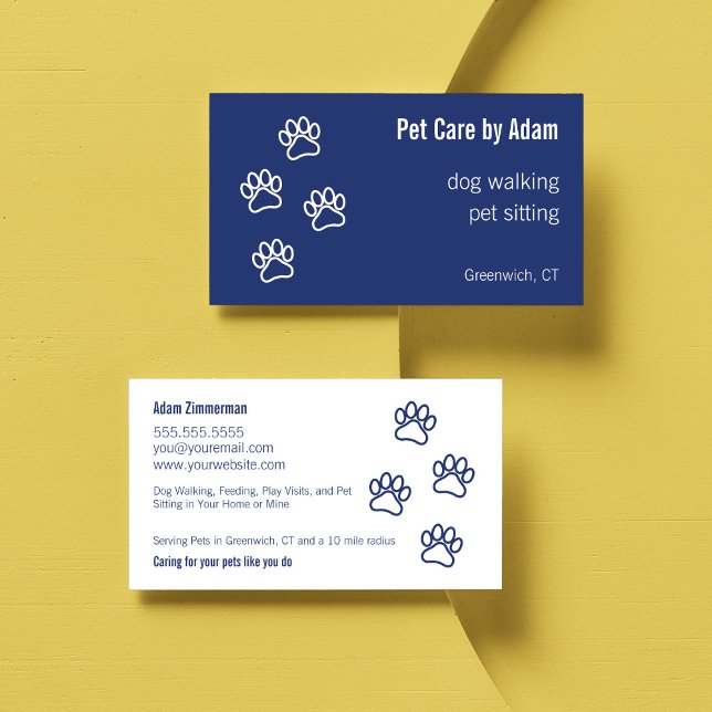 Tarjeta De Visita Pintura Imprime el Mascota de Pie de Perro Sitter  (Pet Care Dog Walker Dog Sitter  Paw Print Business Card in Dark Blue)