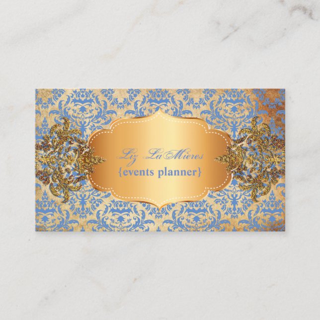 Tarjeta De Visita PixDezines Céline damask azul vintage (Anverso)
