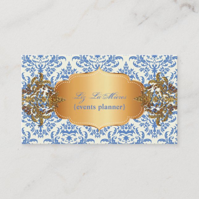 Tarjeta De Visita PixDezines Céline damask azul vintage (Anverso)