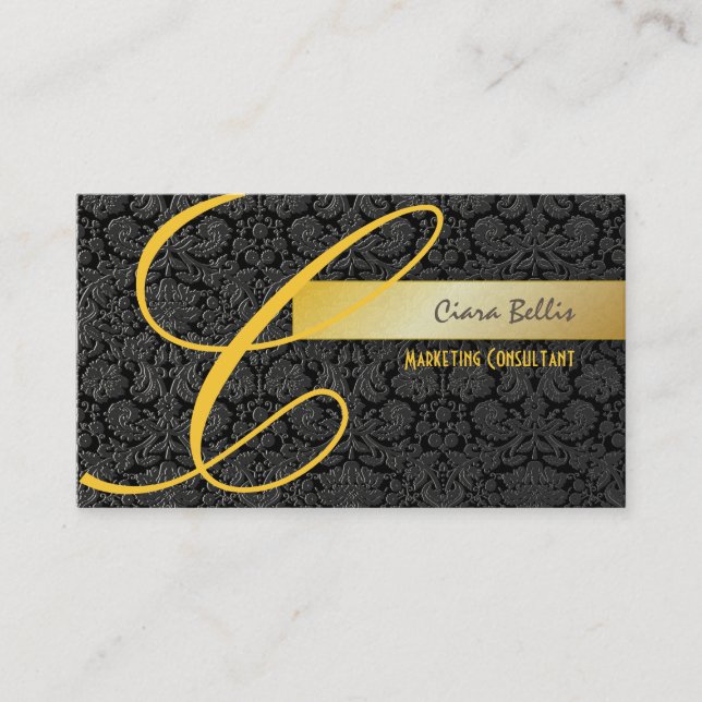 Tarjeta De Visita PixDezines Damask Lace en negro + oro (Anverso)