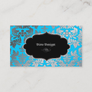 Tarjeta De Visita PixDezines Falso damasco barroco plateado azul acu