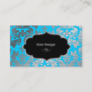Tarjeta De Visita PixDezines Falso damasco barroco plateado azul acu