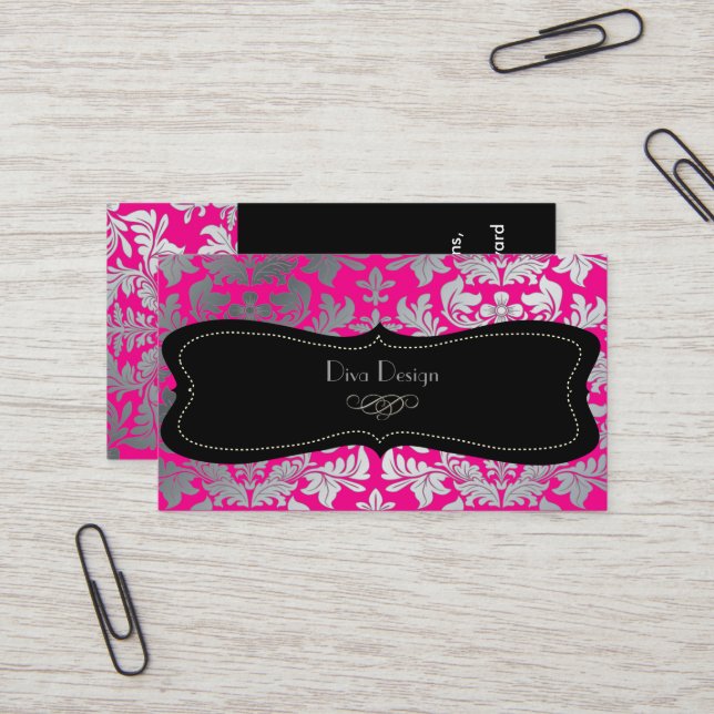 Tarjeta De Visita PixDezines Faux barroco damasco rosa caliente (Anverso/Reverso In Situ)