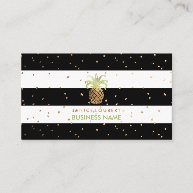 Tarjeta De Visita PixDezines Faux Gold Pineapples/B+W Stripes (Anverso)