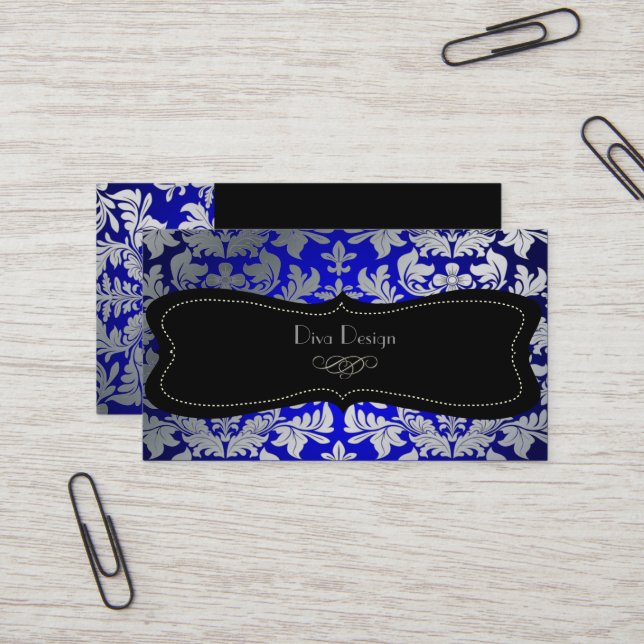 Tarjeta De Visita PixDezines faux plata barroco damasco azul/negro (Anverso/Reverso In Situ)
