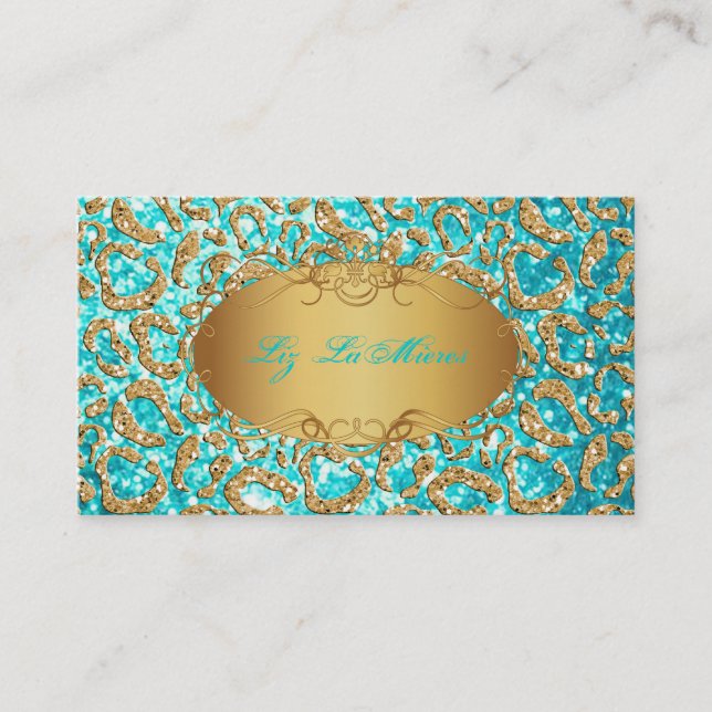 Tarjeta De Visita PixDezines faux purpurina jaguar/verde azulado+oro (Anverso)