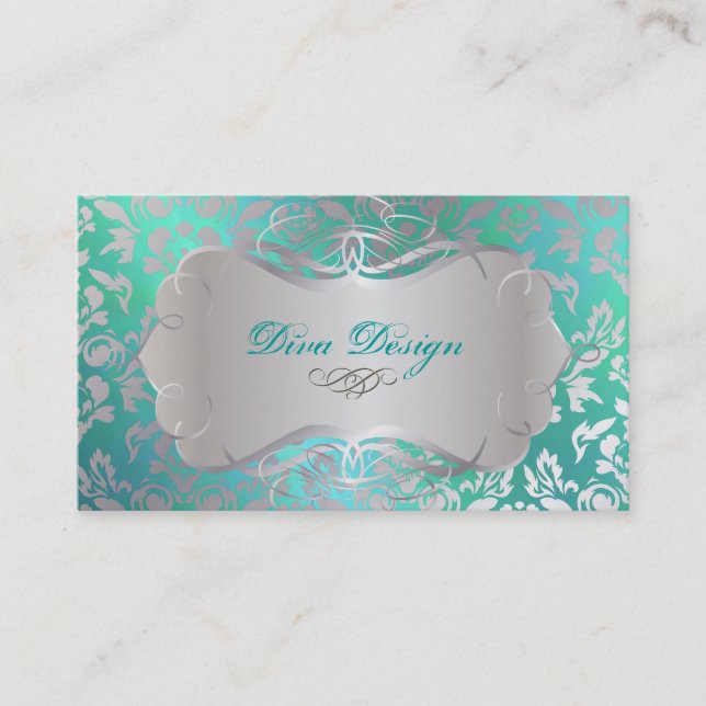 Tarjeta De Visita PixDezines Haute Coutour Damask, Faux Silver (Anverso)