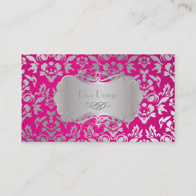 Tarjeta De Visita PixDezines Haute Coutour Damask, Faux Silver (Anverso)