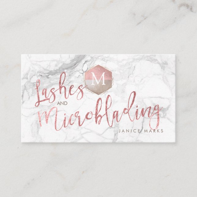 TARJETA DE VISITA PIXDEZINES LASHES+MICROBLADING MARBLE ROSA GOLD (Anverso)