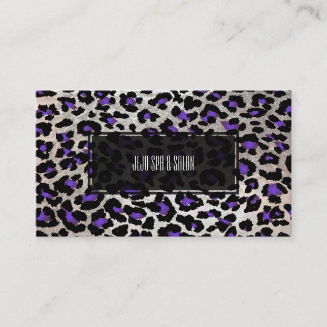 Tarjeta De Visita PixDezines leopardo/púrpura eléctrico/plata falsa (Anverso)