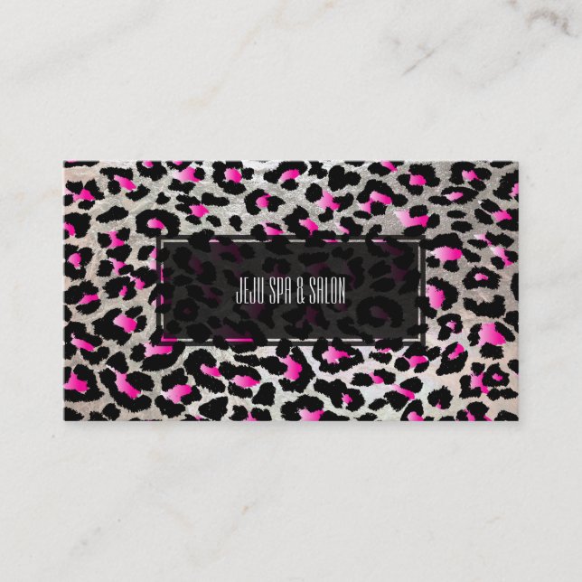 Tarjeta De Visita PixDezines leopardo/rosa/plata falsa (Anverso)